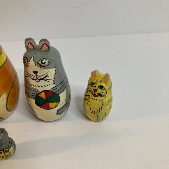Wooden Matryoshka Nesting Cat Dolls 7" 5 dolls Mouse Baby - Picture 4 of 12